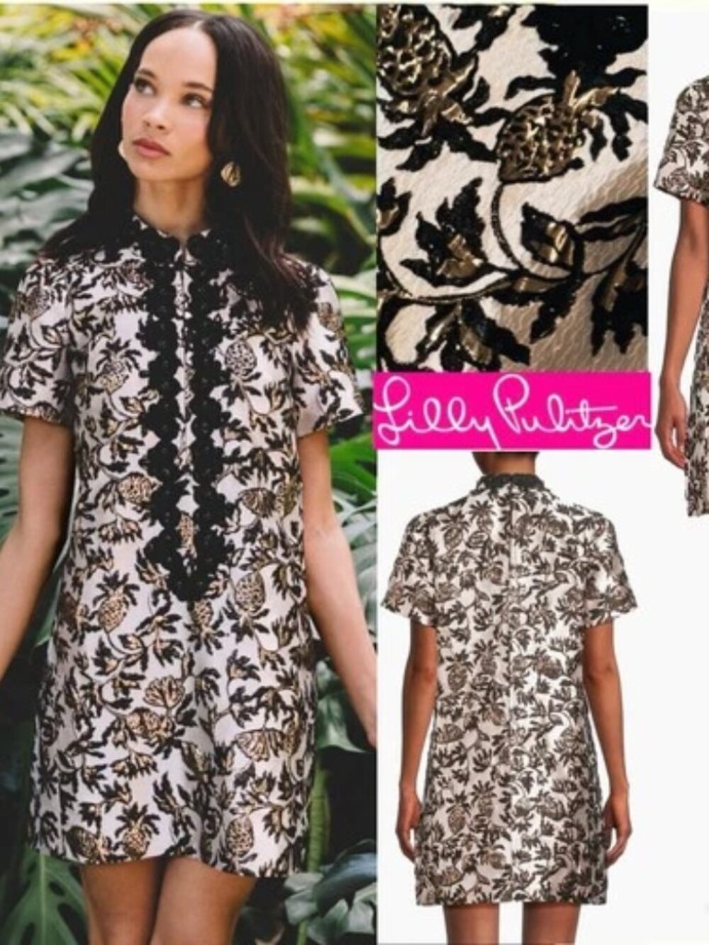 Lilly Pulitzer Teddy Jacquard Pineapple Puff sleeve Metallic Bead Shift Dress 10